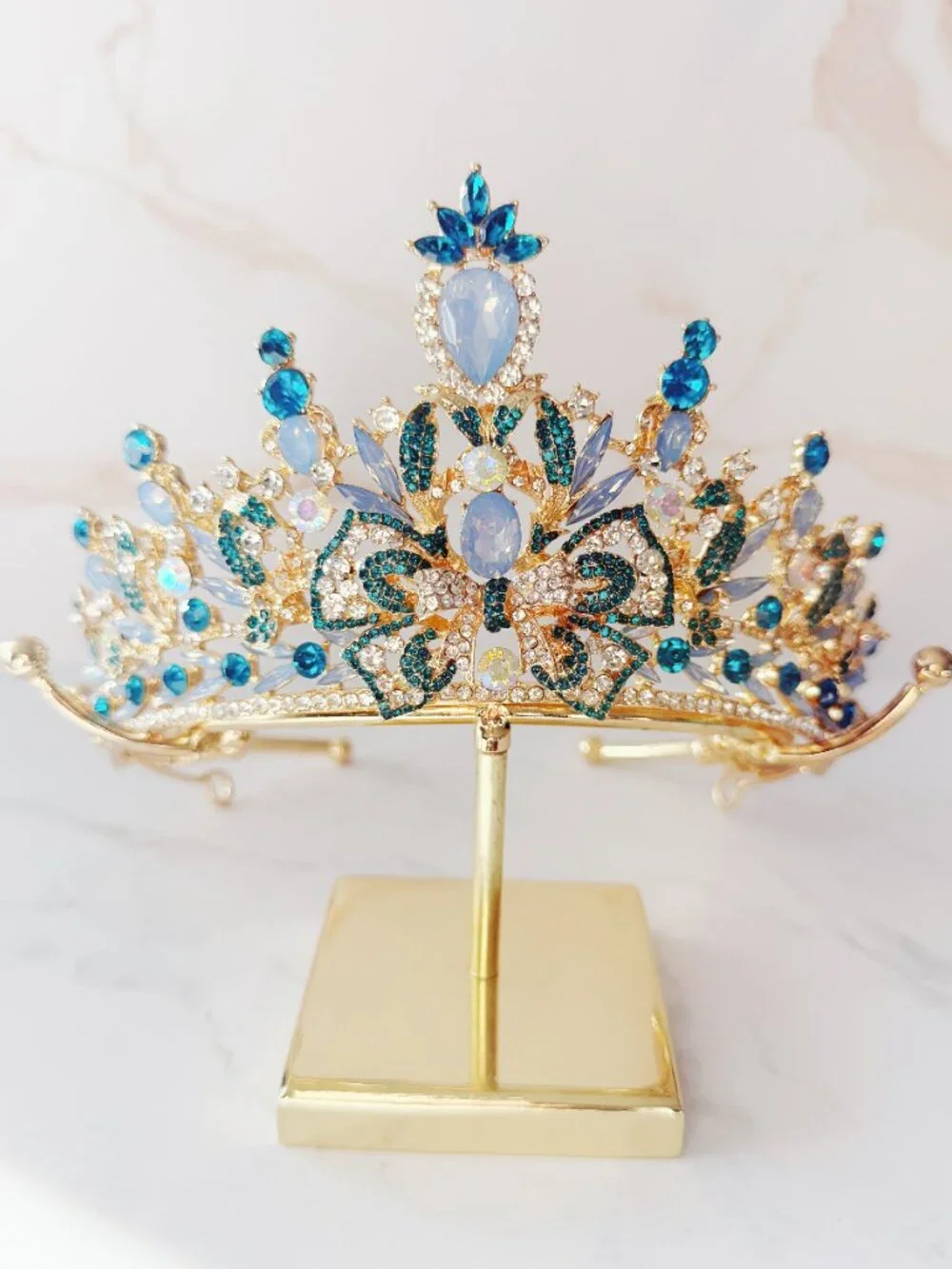 Blue Crystal Tiara Crown, Gold Crystal Bridal Wedding Pageant Prom Headpiece